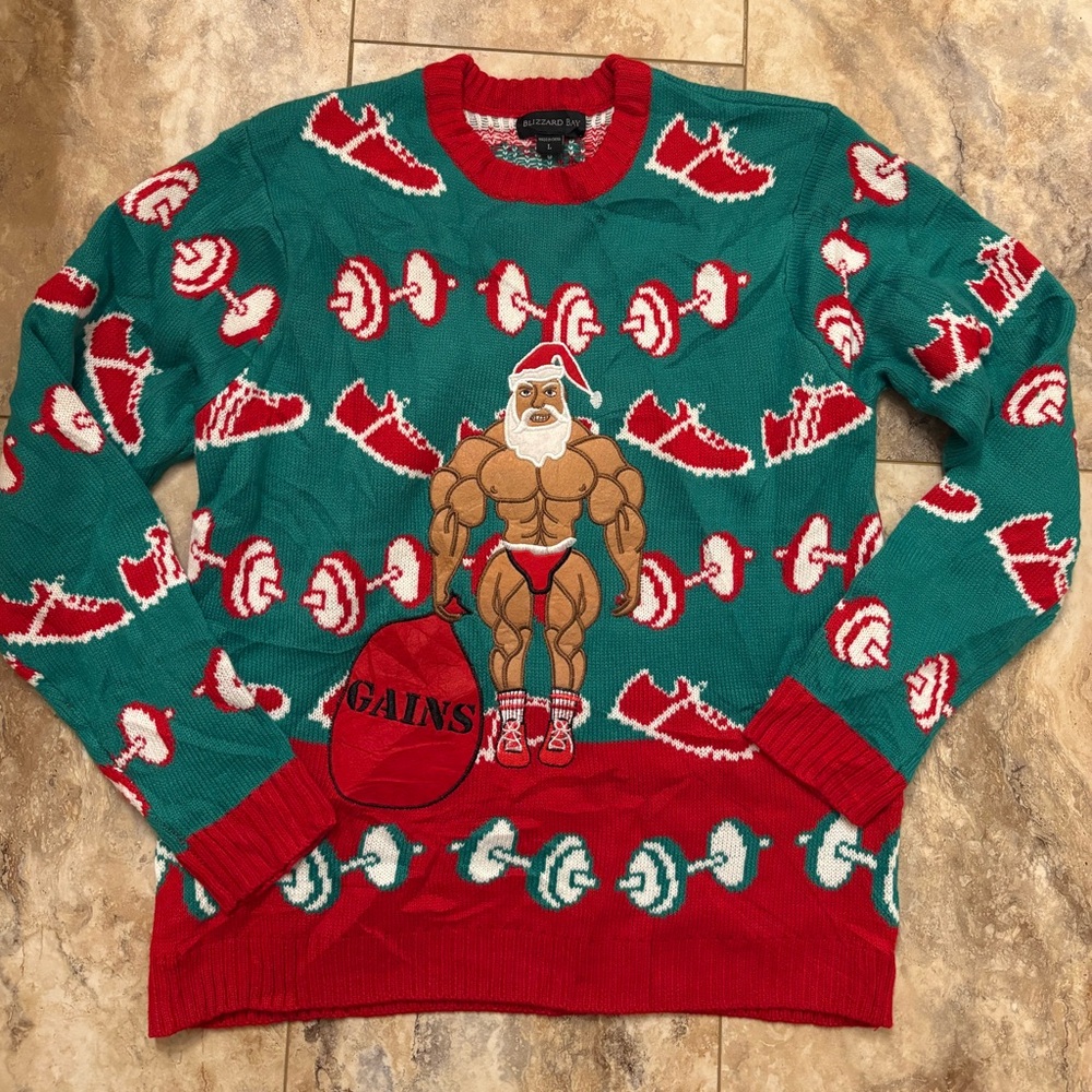 NWOT BLIZZARD BAY MENS UGLY CHRISTMAS SWEATER JACKED MUSCLE MAN WITH WEIGHTS L